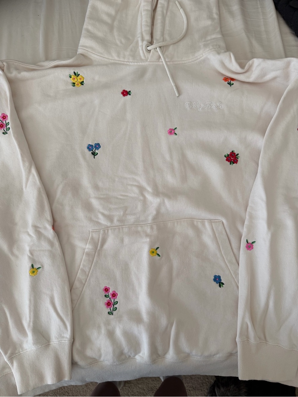 Teddy Fresh Cream Hoodie with Multicolor Floral Embroidery